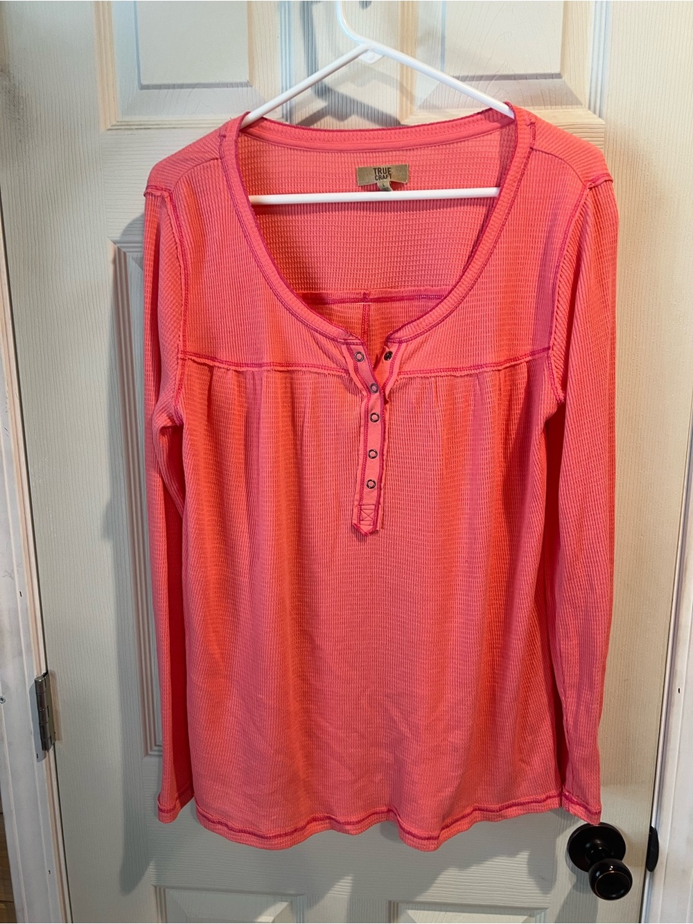 True Craft Coral Pink Waffle Henley Long Sleeve Top